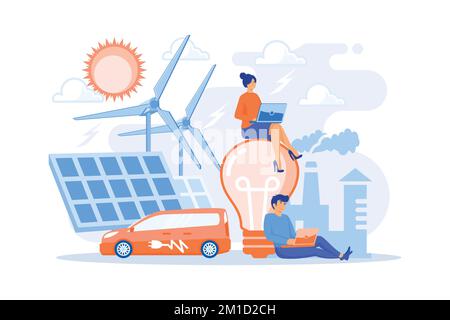 People around huge lamp analyzing power data. Renewable energy, power saving, smart grid energy, system modelling, IoT and smart city concept, violet Stock Vector