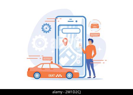 A man near huge smartphone with city map and gps tags on the screen calls a taxi. Navigation apps, smart public transport, IoT and smart city concept, Stock Vector