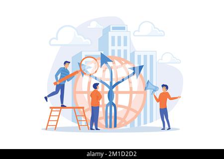 Career opportunity. Life coaching, self development. Path, direction choosing. Decision making, problem solving activity, best decision here concept. Stock Vector