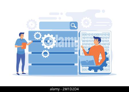 Developer using big data applications and tablet. Data processing software, database management and analysis, information privacy concept, violet pale Stock Vector