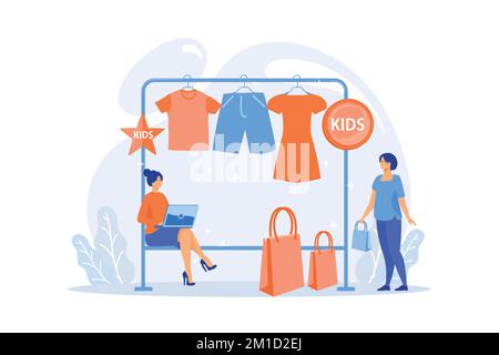 Showroom with kids clothes on hangers, designer and customers with shopping bags. Kids fashion, baby style showroom, kids clothes market concept. flat Stock Vector