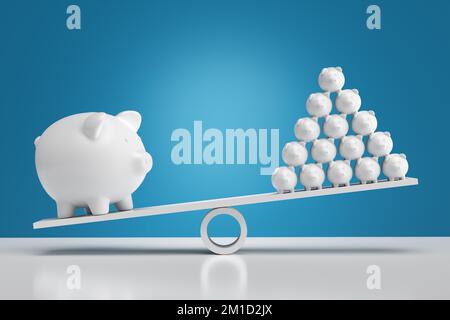 Financial inequality, wealth distribution and savings. Group of small piggy banks pyramid tower outweighs the small piggy banks on a seesaw. 3D render Stock Photo