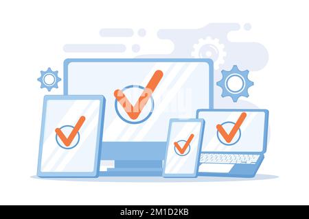 Cross platform devices. Multiplatform connection, gadgets synchronization, adaptive development. Linked computer, laptop, tablet and smartphone. flat Stock Vector