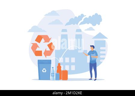 Specialist at plant recycling plastic into raw material, waste bin. Mechanical recycling, back-to-plastics recycling, waste material reuse concept. fl Stock Vector