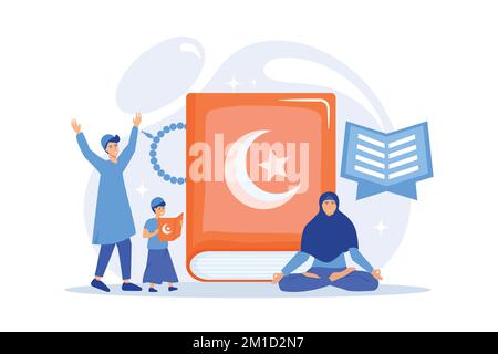 Muslim family in traditional clothes reading holy book Quran, tiny people. Five Pillars of Islam, Islamic calendar, Islamic culture concept. flat vect Stock Vector