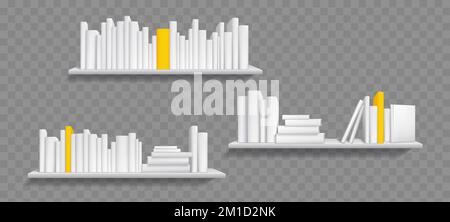Books on white bookshelf, bestseller mockup with yellow cover stand on shelf in library or store. Booklets, diary volumes with empty spines stand on rack hanging on wall, Realistic 3d vector mock up Stock Vector