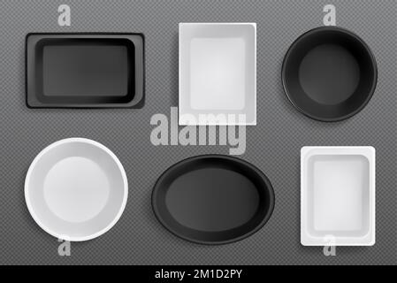Plastic trays for food wrapping. White and black styrofoam packages different shapes. Empty containers in top view, vector realistic illustration isolated on transparent background Stock Vector