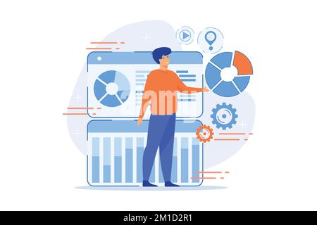 Report chart visualization. Analytics, statistics, analysis. Developer presenting new innovative infographics visualization application. flat vector m Stock Vector