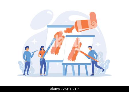 Group of people practicing new painting skills at painting workshop with equipment. Workshop, workshop session, practicing new skills concept. flat ve Stock Vector