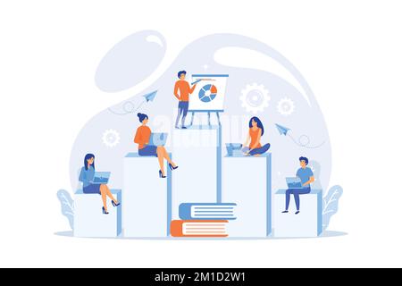 Employees with laptops learning at professional trainig. Internal education, employee education, professional development program concept. flat vector Stock Vector