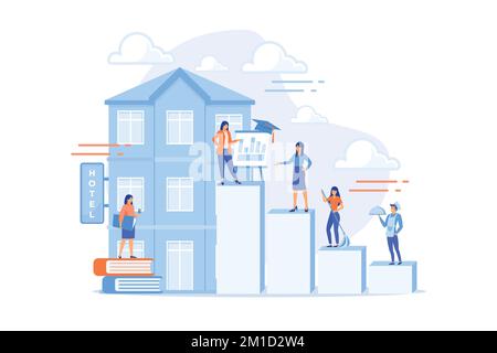 Hostel employee, chef, maid, and bell boy education. Hospitality courses, hospitality staff training, hotels industry training program concept. flat v Stock Vector