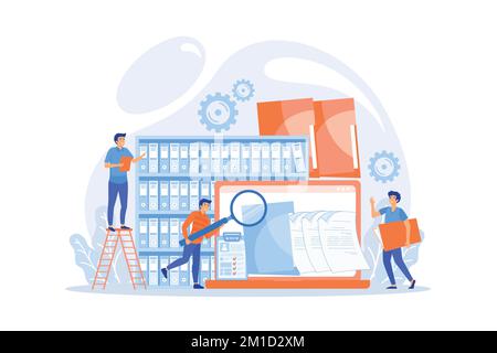 Organized archive. Searching files in database. Records management, records and information management, documents tracking system concept. flat vector Stock Vector