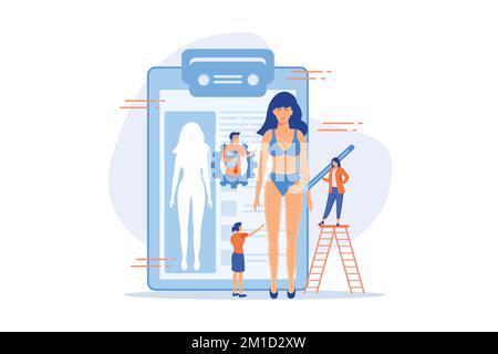 Plastic surgeons doing pencil marks and preparing body contouring of woman. Body contouring, body correction surgery, body plastic service concept. fl Stock Vector