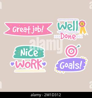 Job and great job groovy stickers pack. Set of reward stickers for teachers and kids. Hand drawn vector illustration. Stock Vector