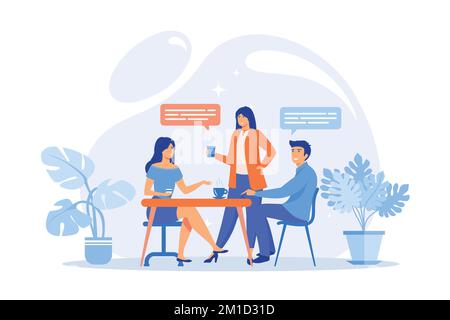 Group of friends sitting at the table talking, drinking coffee and tea, tiny people. Friends meeting, cheer up friend, friendship support concept. fla Stock Vector