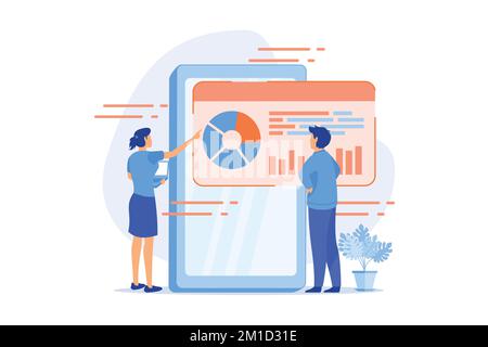 Professional business analytics. Statistical analysis, development strategy planning, market research. Analysts, marketers team analyzing data. flat v Stock Vector