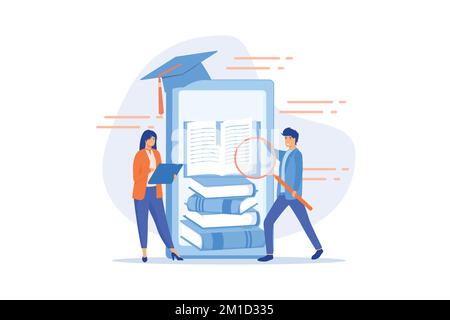 Students with magnifier reading stack of e-books in smartphone education app. Mobile learning, learning application, m-learning education concept. fla Stock Vector