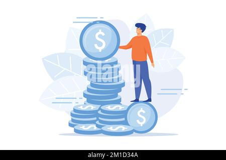 Finances management. Budget assessment, financial literacy, accounting idea. Financier with cash, economist holding golden coin cartoon character. fla Stock Vector