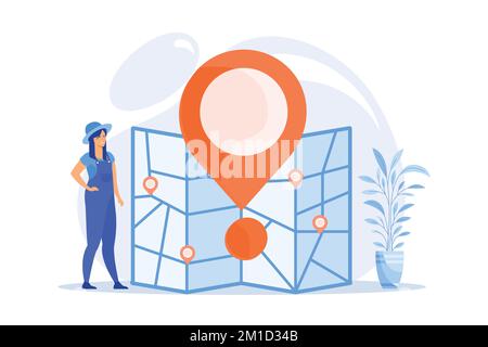 Journey route planning. City travel, urban tourism, cartography idea. Girl navigating with paper map cartoon character. Old fashioned orientation tool Stock Vector