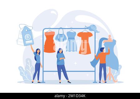 Main master designer creating fashion clothes designs and hanging it on coat rack. Fashion house, clothing design house, fashion production concept. f Stock Vector