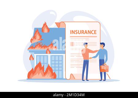 Burn house, flaming building. Insurance agent and customer flat characters. Fire insurance, fire economic losses, protect your property concept. flat Stock Vector