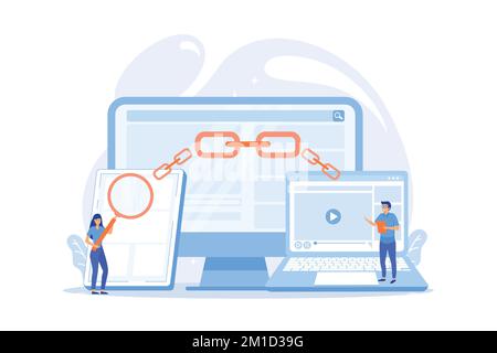 Online communication technology, internet business, marketing research. Link building, main SEO strategies, search engine optimization concept. flat v Stock Vector