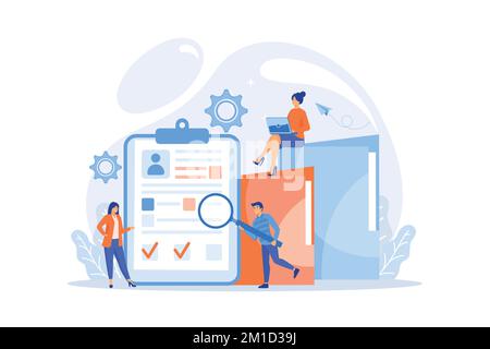 Recruiters and managers searching for candidate in huge CV for position. Recruitment agency, human resources service, recruitment network concept. fla Stock Vector