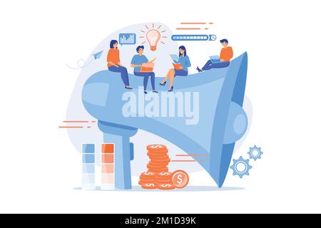 Digital marketing team with laptops and light bulb. Marketing team metrics, marketing team lead and responsibilities concept on white background. flat Stock Vector