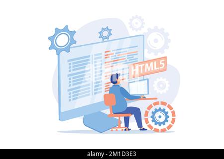 HTML5 programming. Internet website development, web application engineering, script writing. HTML code optimization, programmer fixing bugs. flat vec Stock Vector