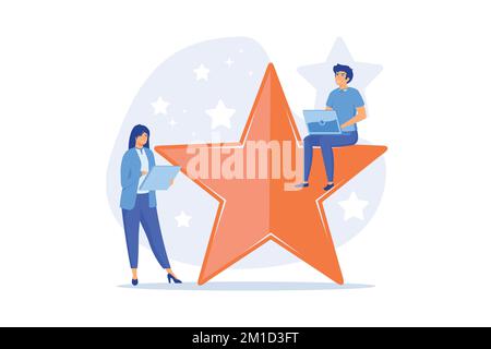 User feedback. Internet questionnaire, online survey, ranking system. Service clients opinion expression. Users with laptops cartoon characters. flat Stock Vector