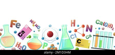 Chemistry. Seamless bottom border. Cartoon style. Study and production of mineral. Organic and inorganic. Parts of molecular and atomic basis. Isolate Stock Vector