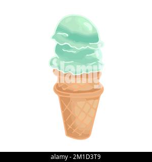 Hand drawn cute isolated clip art illustration of green ice cream cone with two scoops Stock Vector