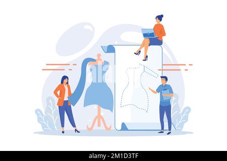 Fashion designers creating a dress pattern and making dress with cloth on mannequin. Fashion design, beauty designer, fashion design service concept. Stock Vector