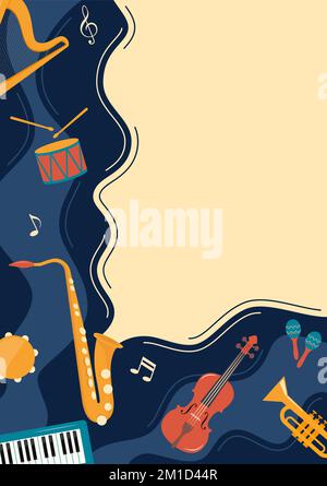 Musical flyer, poster, invitation template. Musical instruments and vinyl record. Guitar, synthesizer, violin, cello, drum, cymbals saxophone tambouri Stock Vector