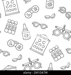 Ophthalmology, optometry hand drawn seamless pattern. Vision test chart, contact lenses, eye drops and glasses in doodle style. Optometry doodle Stock Vector