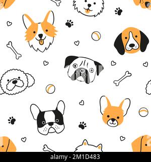 Dogs seamless pattern with face of different breeds. Corgi, Beagle, Chihuahua, Poodle. Texture with dog heads. Hand drawn vector illustration in Stock Vector