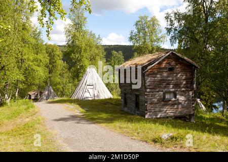 FATMOMAKKE, SWEDEN ON JUNE 29, 2014. Wooden, traditional buildings in The Sápmi Churchtown. Old wooden buildings. Editorial use. Stock Photo