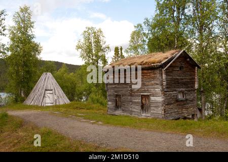 FATMOMAKKE, SWEDEN ON JUNE 29, 2014. Wooden, traditional buildings in The Sápmi Churchtown. Old wooden buildings. Editorial use. Stock Photo