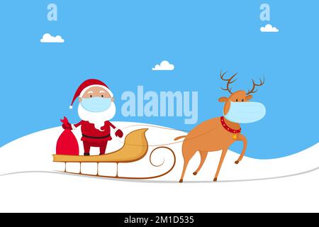 Santa Claus in medical mask riding on reindeer sled. New Year 2021. Vector illustration. Stock Vector