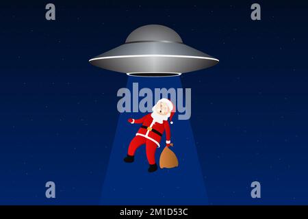 UFO abducting Santa Claus. Cartoon. Vector illustration. Stock Vector