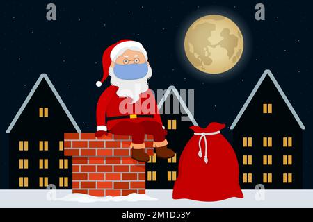Santa in face mask sitting on chimney. Vector illustration. Stock Vector