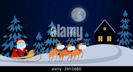 Santa Claus in face mask carrying gifts on reindeer sleigh. Cartoon. Vector illustration. Stock Vector