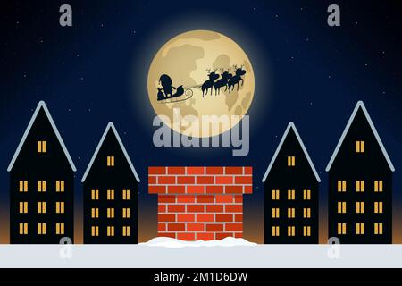 Santa Claus flying in reindeer sleigh above town in night. New Year's eve. Vector illustration. Stock Vector