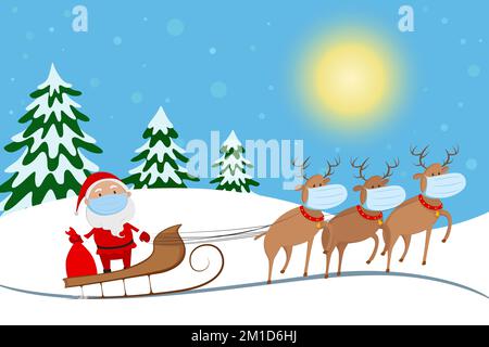 Santa Claus in medical mask riding on reindeer sled. Cartoon. Vector illustration. Stock Vector