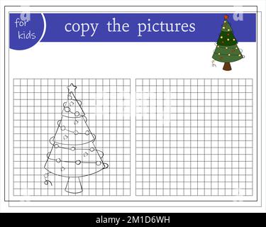 Copy the picture, Educational games for kids, Cartoon Christmas Tree. Stock Vector