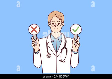 Man doctor with stethosop around neck demonstrates signs with check mark and cross. Young guy therapist in white coat shows signs of presence or absence of disease in patient. Flat vector design  Stock Vector