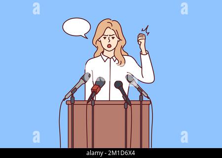Professional woman politician speaks standing behind wooden tribune with microphones and waving hand. Young girl activist stands for tougher environmental regulations. Flat vector illustration Stock Vector