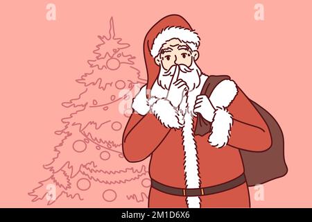 Santa Claus with bag gifts behind back came to congratulate children on Christmas holidays. New Year wizard stands near Xmas tree and puts finger to lips and asks for silence. Flat vector illustration Stock Vector