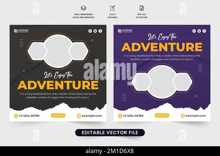 Tour and trip planner agency business promotion template for social media marketing. Travel agency advertisement web banner vector with creative shape Stock Vector