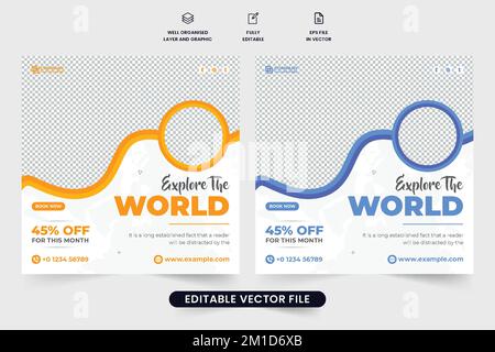 Vacation trip planner agency promotion template vector for social media marketing. Travel business social media post design with abstract shapes. Tour Stock Vector